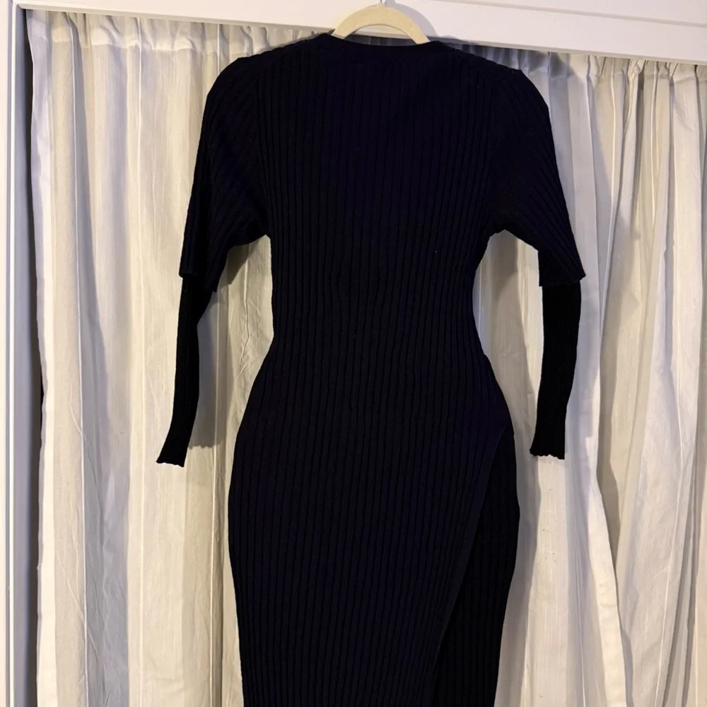 COS Black Ribbed Knit Midi Dress Long Sleeve Asymmetrical Hem Minimalist Size S - Picture 7 of 16
